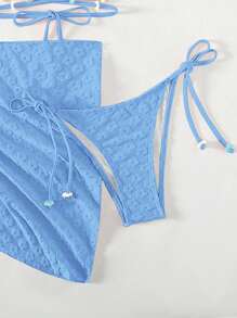 Swim Mod Summer Beach Plain Halter Triangle Bikini Set With Beach Skirt - Blue - View 4