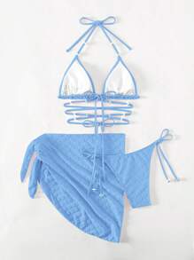 Swim Mod Summer Beach Plain Halter Triangle Bikini Set With Beach Skirt - Blue - View 5