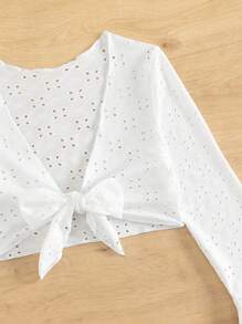 Eyelet Embroidery Flounce Sleeve Knot Front Crop Kimono - White - View 7