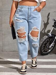 SHEIN ICON Plus High Waist Ripped Mom Fit Jeans - Light Wash - View 1