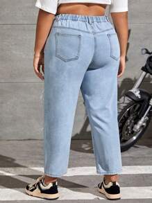 SHEIN ICON Plus High Waist Ripped Mom Fit Jeans - Light Wash - View 2