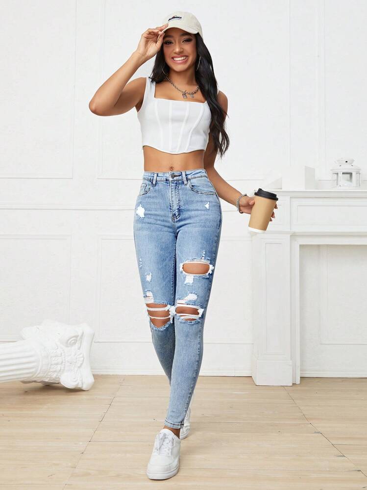 SHEIN EZwear 穴あきスキニージーンズ - ライトウォッシュ - 見る 1