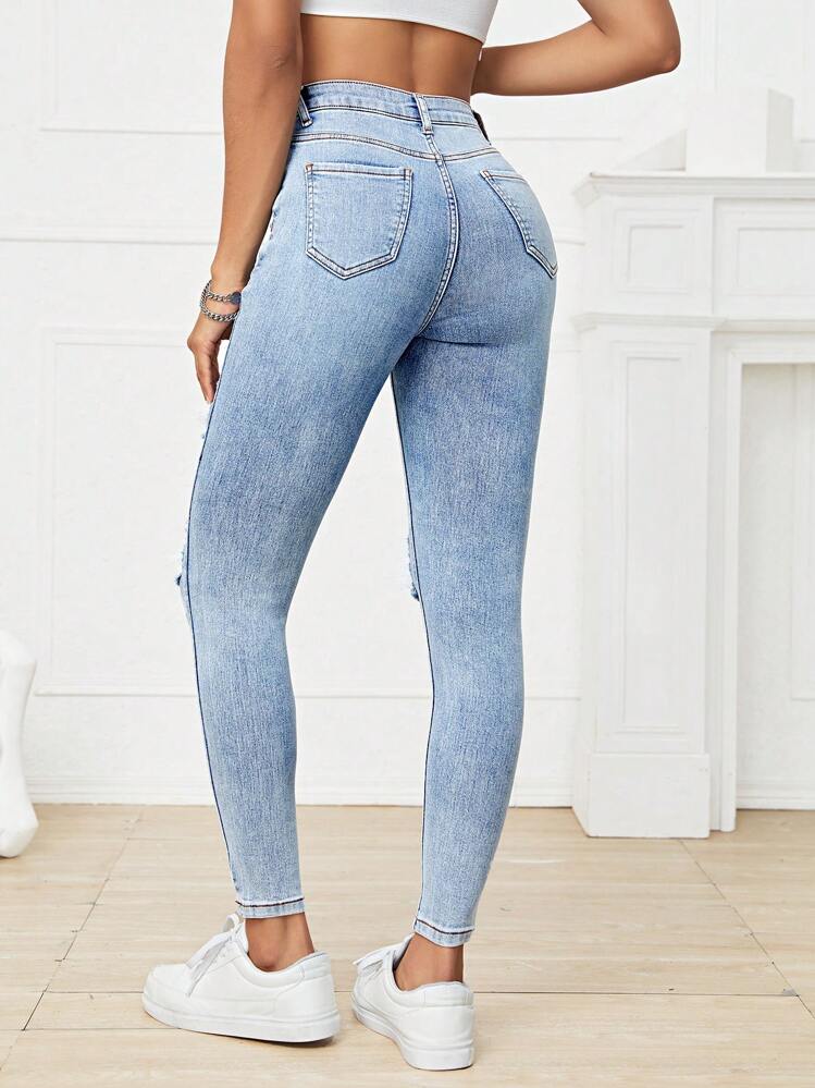 SHEIN EZwear 穴あきスキニージーンズ - ライトウォッシュ - 見る 2