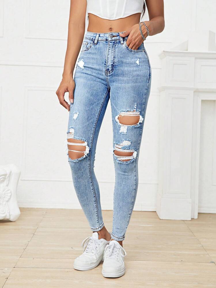 SHEIN EZwear 穴あきスキニージーンズ - ライトウォッシュ - 見る 3