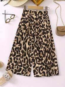 SHEIN 小女童豹紋印花百褶闊腿褲 - 棕色 - 查看 2