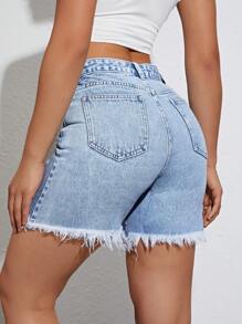 SHEIN EZwear Ripped Raw Hem Denim Shorts - Light Wash - View 2