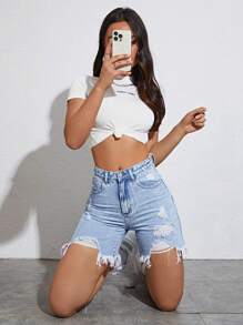 SHEIN EZwear Ripped Raw Hem Denim Shorts - Light Wash - View 3
