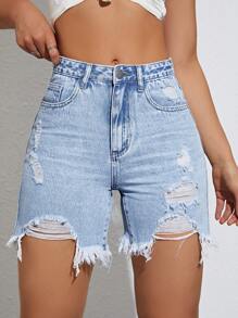 SHEIN EZwear Ripped Raw Hem Denim Shorts - Light Wash - View 4