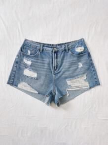SHEIN EZwear Quần short denim oversized Túi Bị tách Dây kéo màu trơn - Rửa trung bình - Xem 4