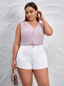 SHEIN Essnce Quần short denim oversized Nút Túi Dây kéo màu trơn - trắng - Xem 3