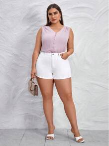 SHEIN Essnce Quần short denim oversized Nút Túi Dây kéo màu trơn - trắng - Xem 4