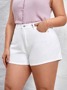 SHEIN Essnce Quần short denim oversized Nút Túi Dây kéo màu trơn - trắng - Xem 5