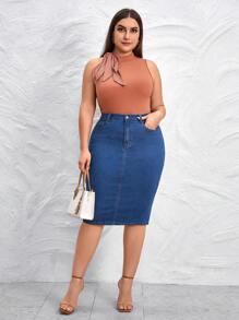 SHEIN Privé Plus High Waist Slant Pocket Denim Skirt - Blue - View 1