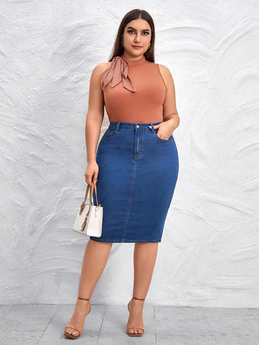 SHEIN Privé Plus High Waist Slant Pocket Denim Skirt - Blue - View 1