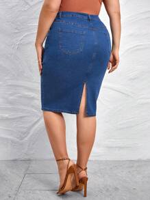 SHEIN Privé Plus High Waist Slant Pocket Denim Skirt - Blue - View 2