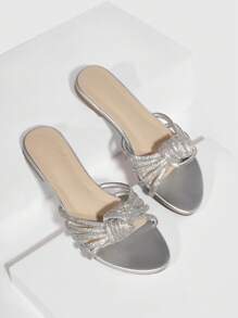 Rhinestone & Knot Decor Slide Sandals - Silver - View 1