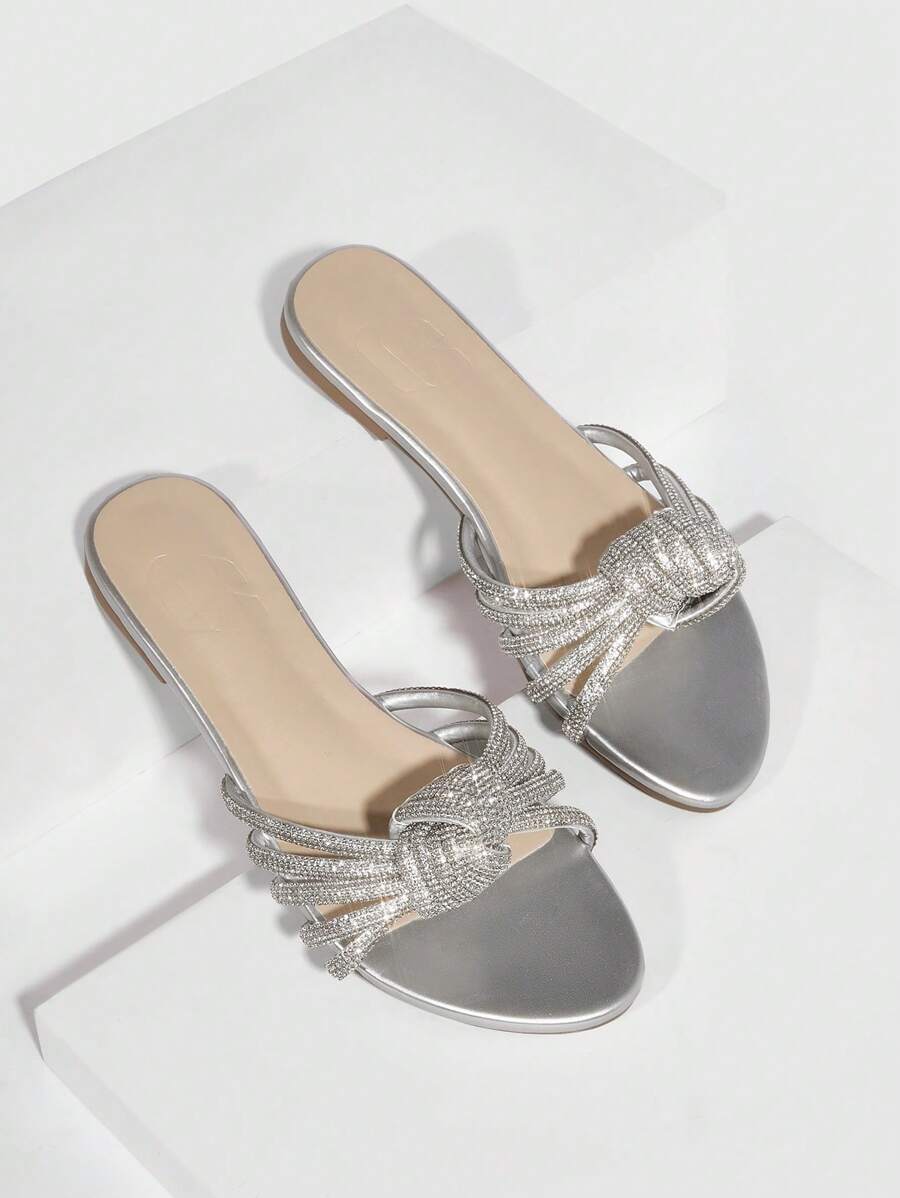 Rhinestone & Knot Decor Slide Sandals - Silver - View 1