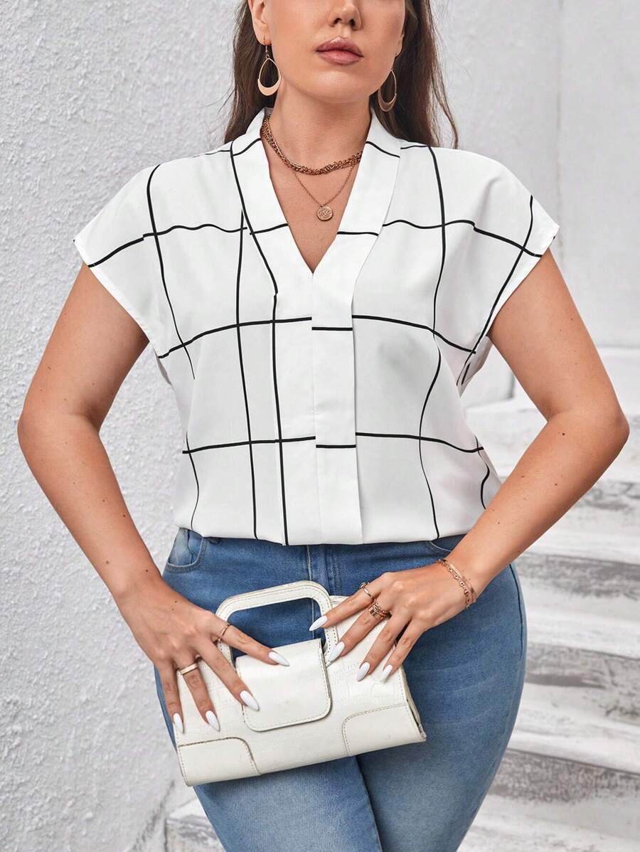 SHEIN Clasi Plus Plaid Print Batwing Sleeve Blouse - Black and White - View 1
