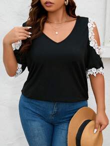 SHEIN LUNE Áo thun Plus size Tương phản ren Cắt ra Khối Màu Giải trí - màu đen - Xem 4