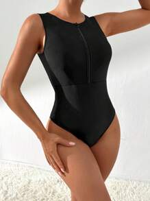 SHEIN Swim Summer Beach Solid Zipper Front One Piece Swimsuit - Black - View 4