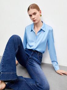 BizChic Chất rắn Nút phía trước Áo sơ mi Trang phục làm việc - Màu xanh lam - Xem 1