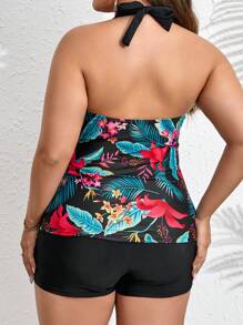 Swim Lushoire Camiseta protectora de verano para playa, con estampado tropical, fruncido y cuello halter talla grande