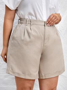 SHEIN Essnce Plus High Waist Wide Leg Denim Shorts - Khaki - View 4