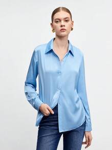BizChic Chất rắn Nút phía trước Áo sơ mi Trang phục làm việc - Màu xanh lam - Xem 4