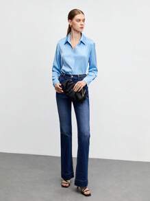 BizChic Chất rắn Nút phía trước Áo sơ mi Trang phục làm việc - Màu xanh lam - Xem 5