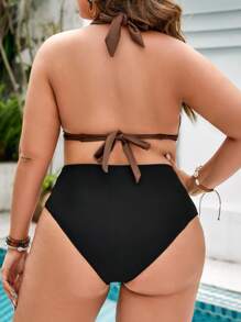 SHEIN Swim Curve 大碼前扭結繞頸露背比基尼泳裝上衣 - 咖啡棕 - 查看 2