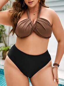 SHEIN Swim Curve 大碼前扭結繞頸露背比基尼泳裝上衣 - 咖啡棕 - 查看 3