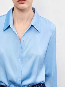 BizChic Chất rắn Nút phía trước Áo sơ mi Trang phục làm việc - Màu xanh lam - Xem 7