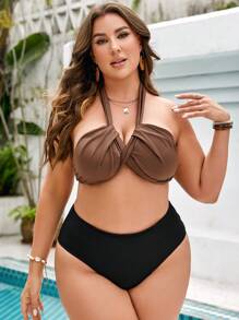SHEIN Swim Curve 大碼前扭結繞頸露背比基尼泳裝上衣 - 咖啡棕 - 查看 4