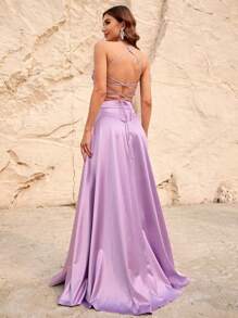Appliques Backless Halter Top & Split Thigh Skirt - Purple - View 2
