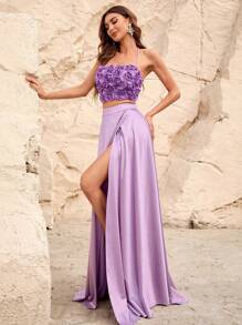 Appliques Backless Halter Top & Split Thigh Skirt - Purple - View 3