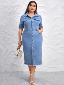 SHEIN LUNE Plus Flap Pocket Raw Hem Denim Dress - Medium Wash - View 1