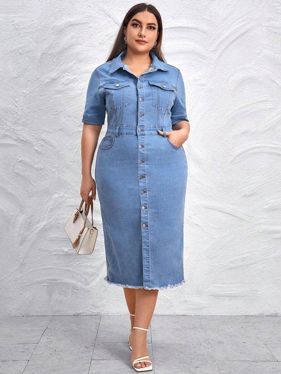 SHEIN LUNE Plus Flap Pocket Raw Hem Denim Dress - Medium Wash - View 1