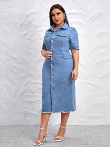 SHEIN LUNE Plus Flap Pocket Raw Hem Denim Dress - Medium Wash - View 3
