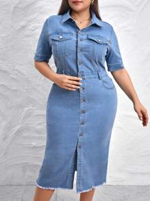 SHEIN LUNE Plus Flap Pocket Raw Hem Denim Dress - Medium Wash - View 4