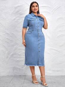 SHEIN LUNE Plus Flap Pocket Raw Hem Denim Dress - Medium Wash - View 5