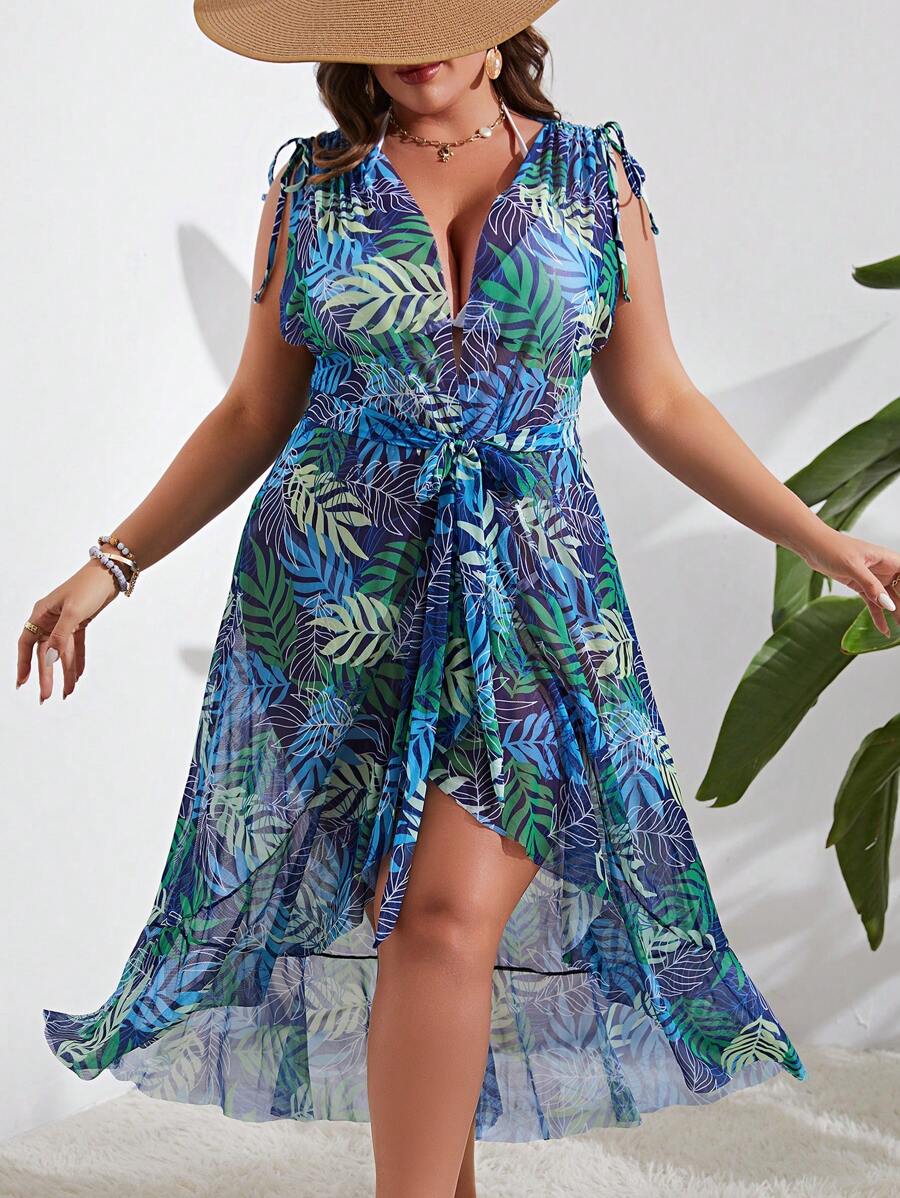 SHEIN Swim Curve Plus Tropical Print Drawstring Shoulder High Low Hem Kimono - Multicolor - View 1