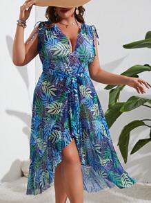 SHEIN Swim Curve Plus Tropical Print Drawstring Shoulder High Low Hem Kimono - Multicolor - View 3