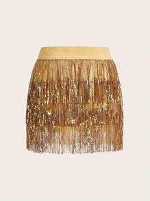 SHEIN ICON Gold Sequin Fringe Hem Concert Outfits Skirt