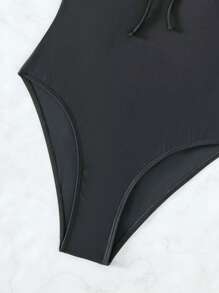 夏季荷叶边饰边系带前褶皱胸围连体泳衣 - 黑色 - 查看 6