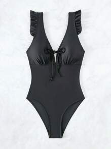 夏季荷叶边饰边系带前褶皱胸围连体泳衣 - 黑色 - 查看 7