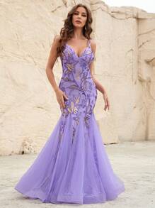 Floral Sequin Mesh Overlay Cami Formal Dress Prom Dresses For Women - Purple - View 1