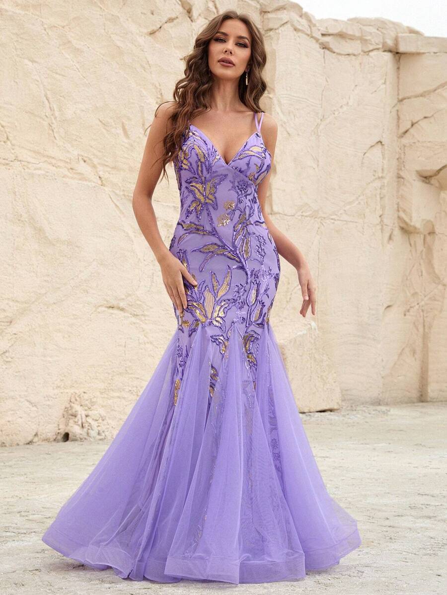 Floral Sequin Mesh Overlay Cami Formal Dress Prom Dresses For Women - Purple - View 1