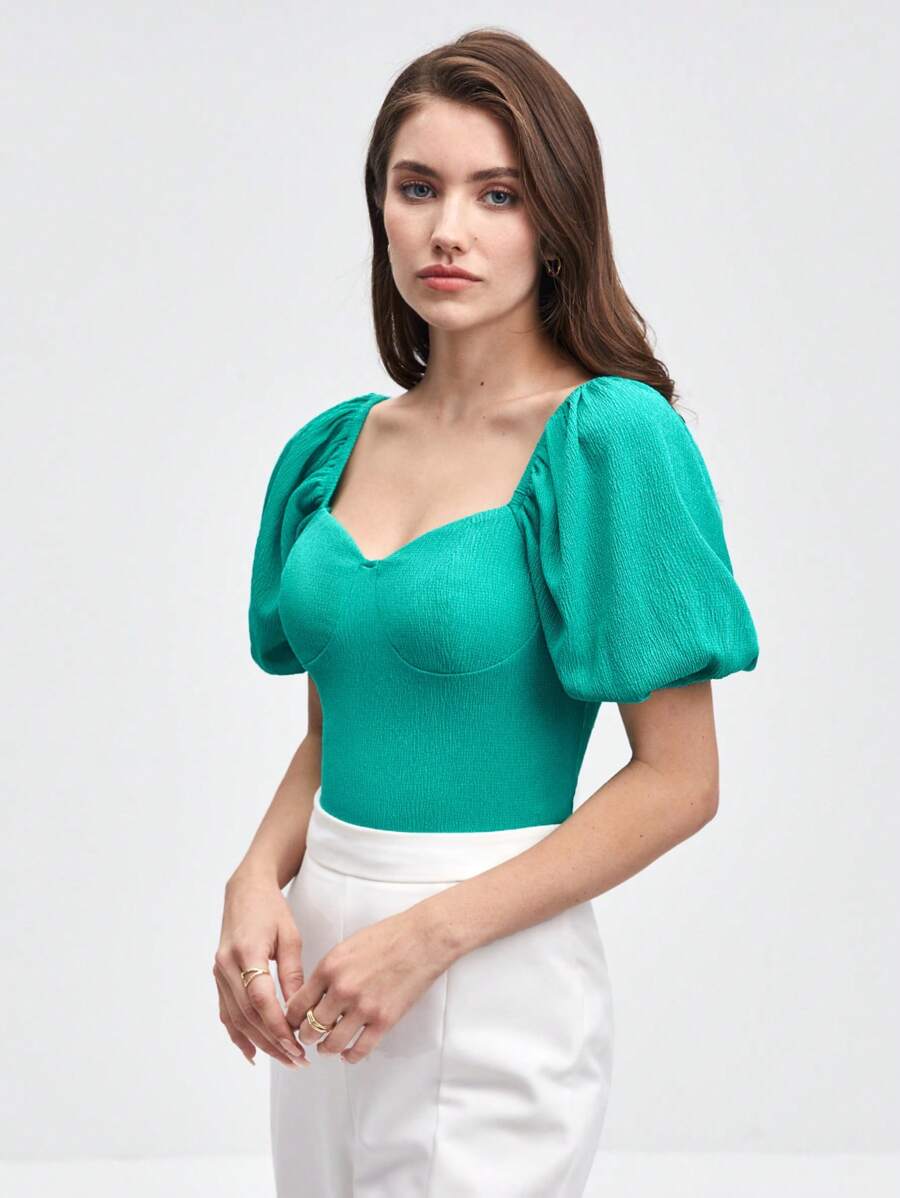 BizChic 雞心領口泡泡袖T恤 - 綠色 - 查看 1