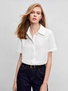 BizChic Women's Loose Solid Color Button Front Shirt, White Button Blouse, Casual Short Sleeve Top