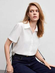 BizChic Women's Loose Solid Color Button Front Shirt, White Button Blouse, Casual Short Sleeve Top